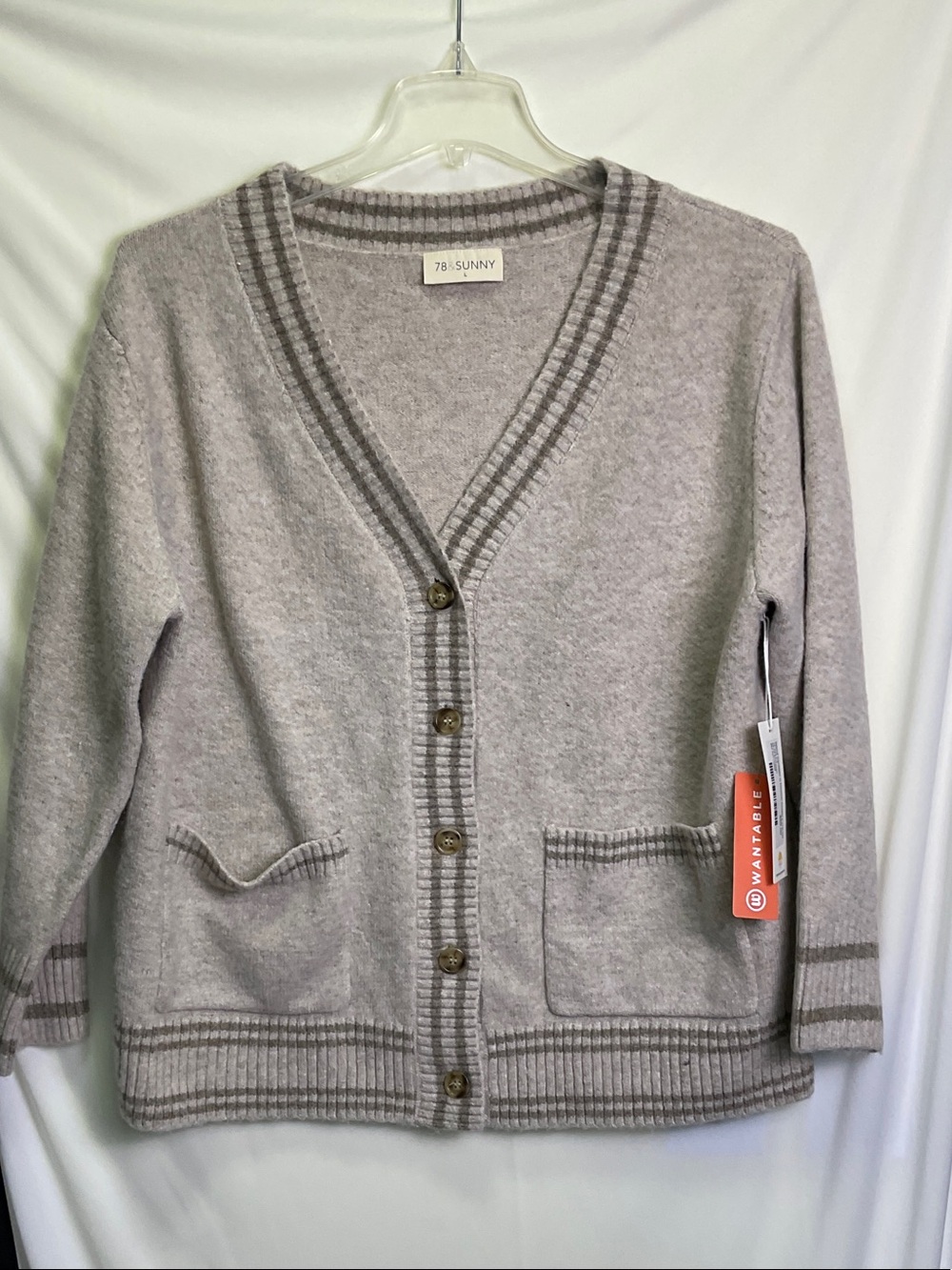 78 & Sunny Women's Island Cardigan with Ribbed Trim - Heather Cream